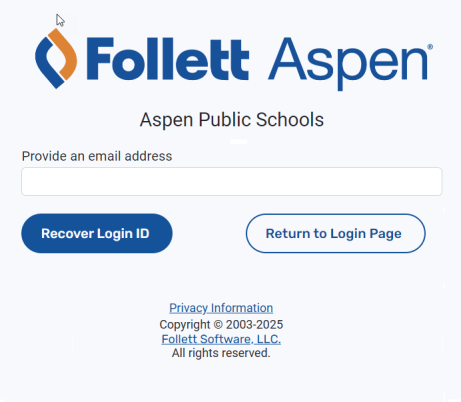 Aspen Recover Login ID pop-up