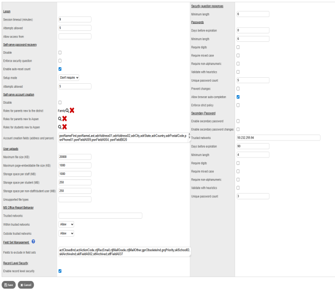 The District Security preferences page